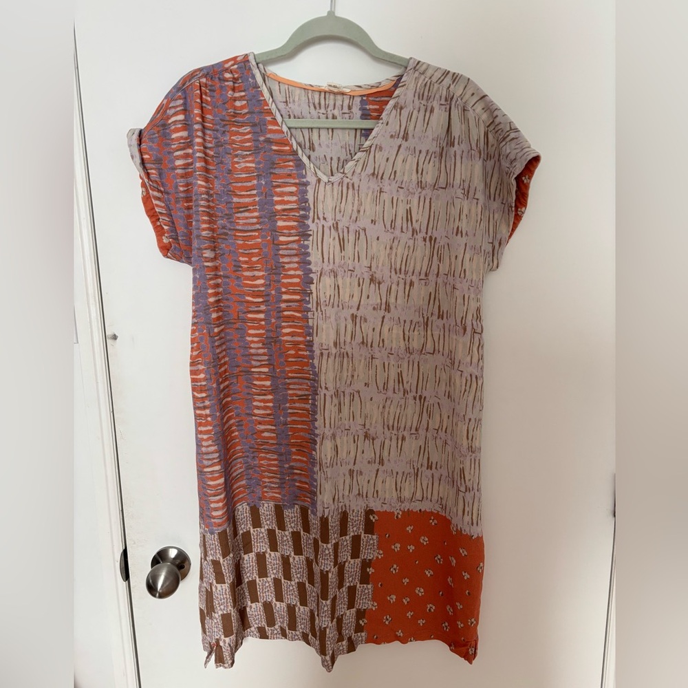 White Stuff Patchwork Patterned V-Neck Dress in Orange and Lilac - Size Large